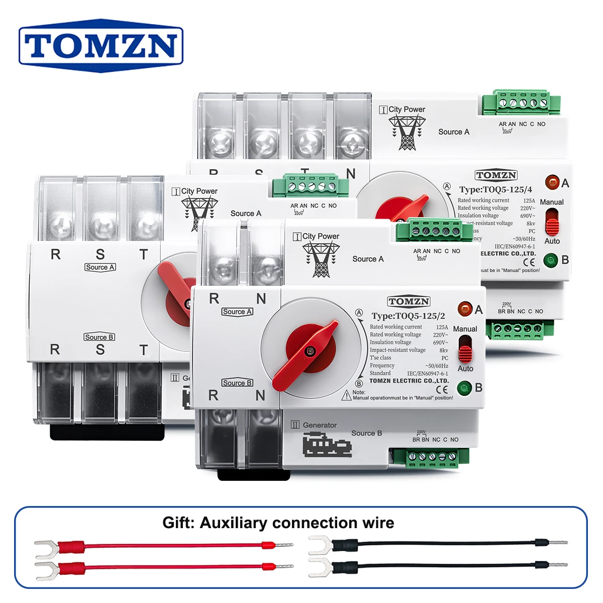 Din Rail 2P 3P 4P ATS Dual Power Automatic Transfer Switch Electrical Selector Switches Uninterrupted Power 63A 100A TOMZN Mini