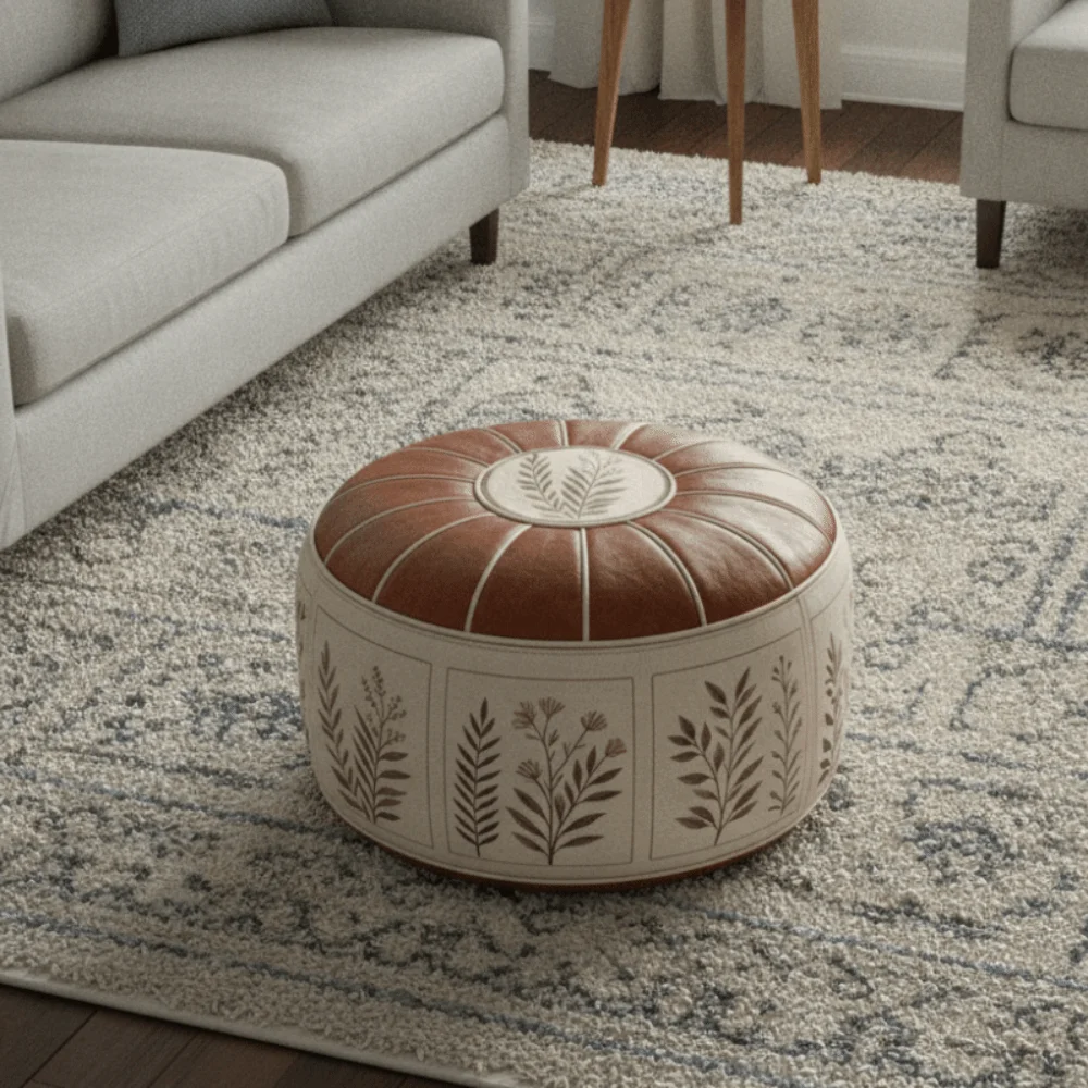 PU Leather Oil Painting Pattern Stool Cover Waterproof Unfilled Pouf Cover Large Capacity Round Clothes Storage Bag Bedroom