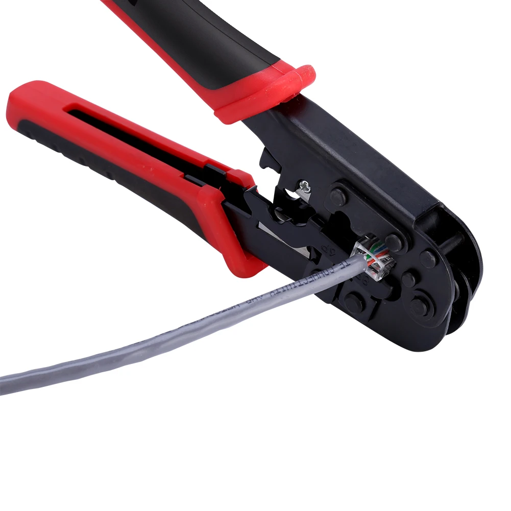 Network Cable Cutting Stripping Crimper Crimping Tool for RJ45 RJ12 RJ11 8P/6P/4P Connectors Red and Black Mouth Material