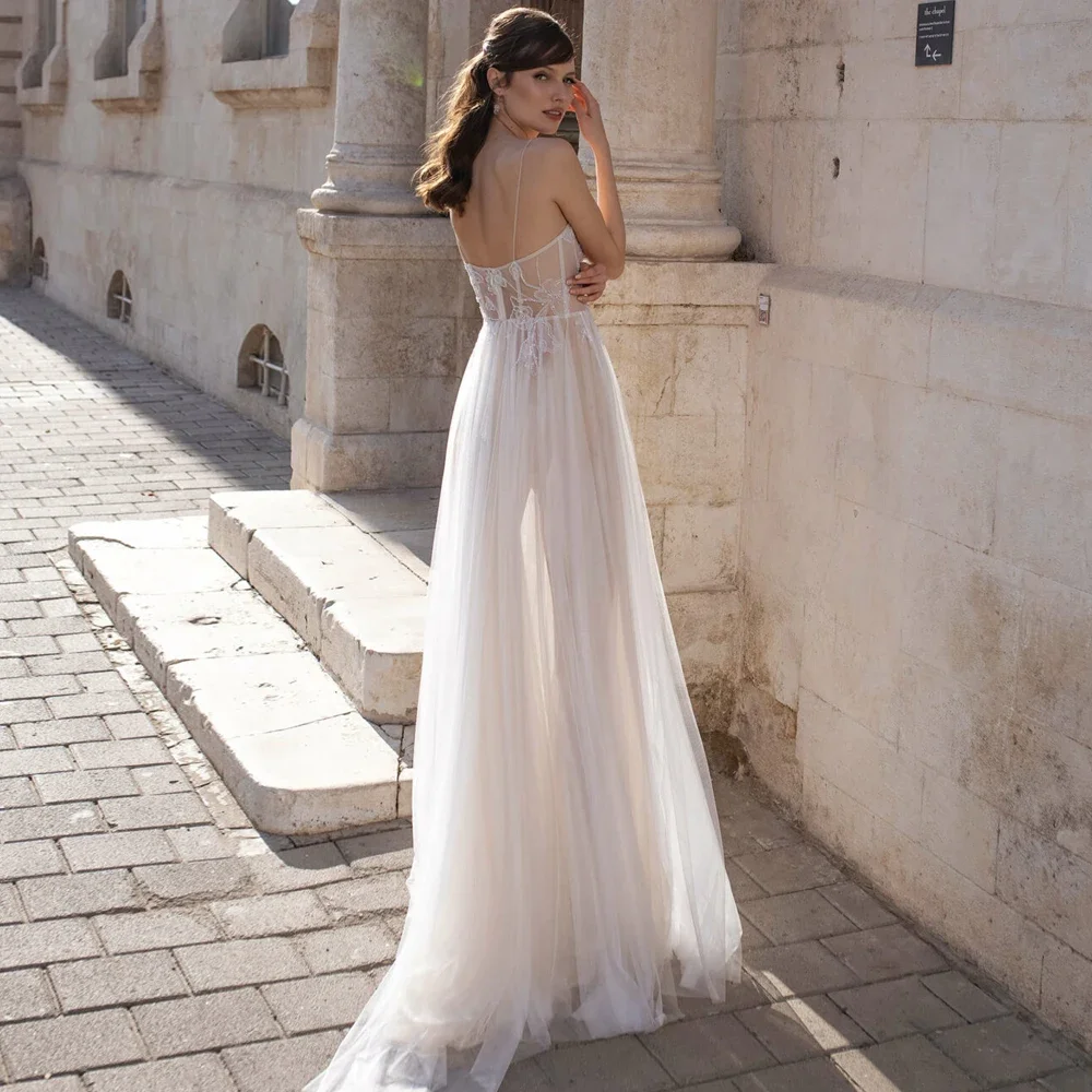 

Sexy Spaghetti Straps Wedding Dresses Customized Sweetheart Neck Sleeveless Bridal Grown Applique Tulle A Line Vestidos De Novia