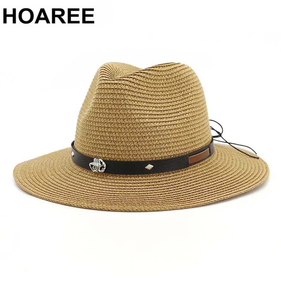 

HOAREE Khaki Jazz Hat Men Summer Beach Sun Hat Belt Decoration Soft New Design Outdoor Casual Adjustable Male Panama Straw Hat