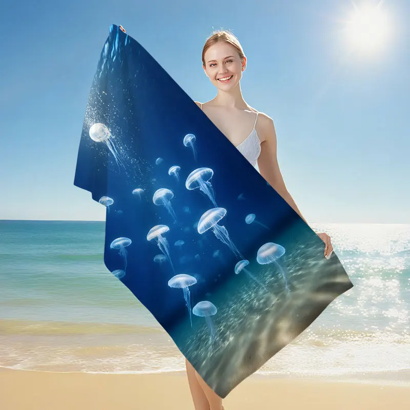 Newest Galaxy Glowing Jellyfish Dark Blue Print Microfiber Beach Towel, Quick Dry Large Swim Towel for Beach Pool Travel