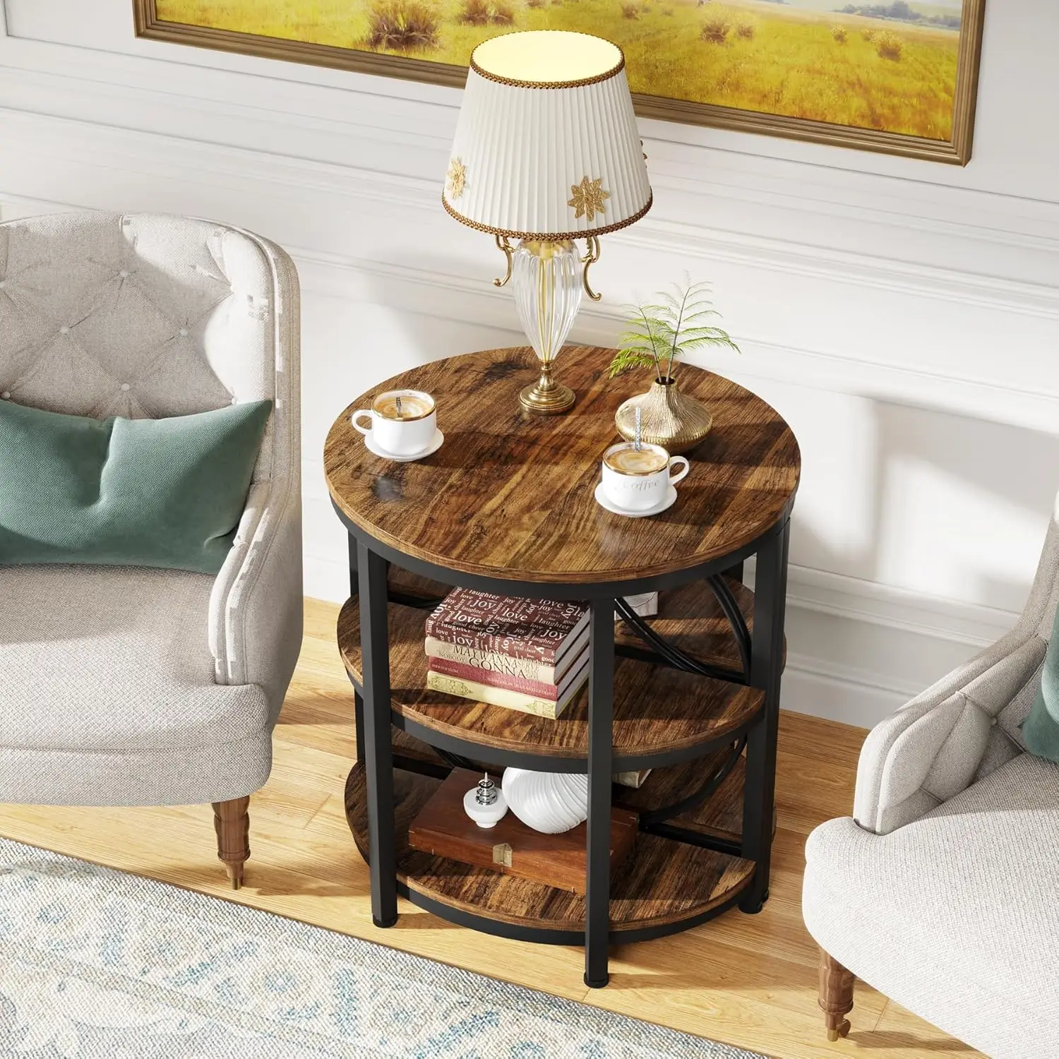 Small Half Round End Table, Half Circle Side Table with Shelves and Metal Frame, 3-Tier Half Moon Console Table(1PC)