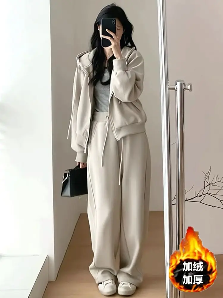 Autumn and winter Korean version new women's set fashionable hooded top+casual wide leg pants two-piece running suit trendy