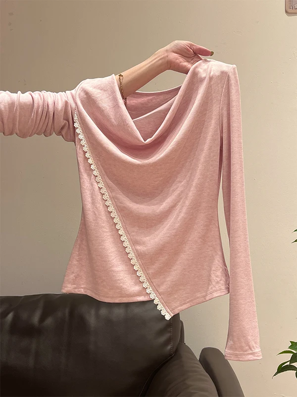 تي شيرت نسائي طويل الأكمام من Sweet Ele، قميص أساسي وردي جميل يُبرز الرشاقة، مناسب للعمل، نسخة كورية أنيقة وملائمة للجسم وقابلة للتنفس