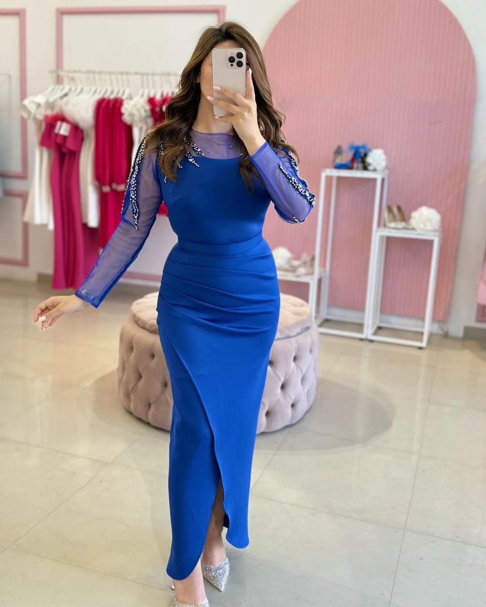 

Customized High Quality Matching Jersey Rhinestone Sequined Beading Ruched Straight O-Neck Long Dresses Bespoke Occasion Dresses
