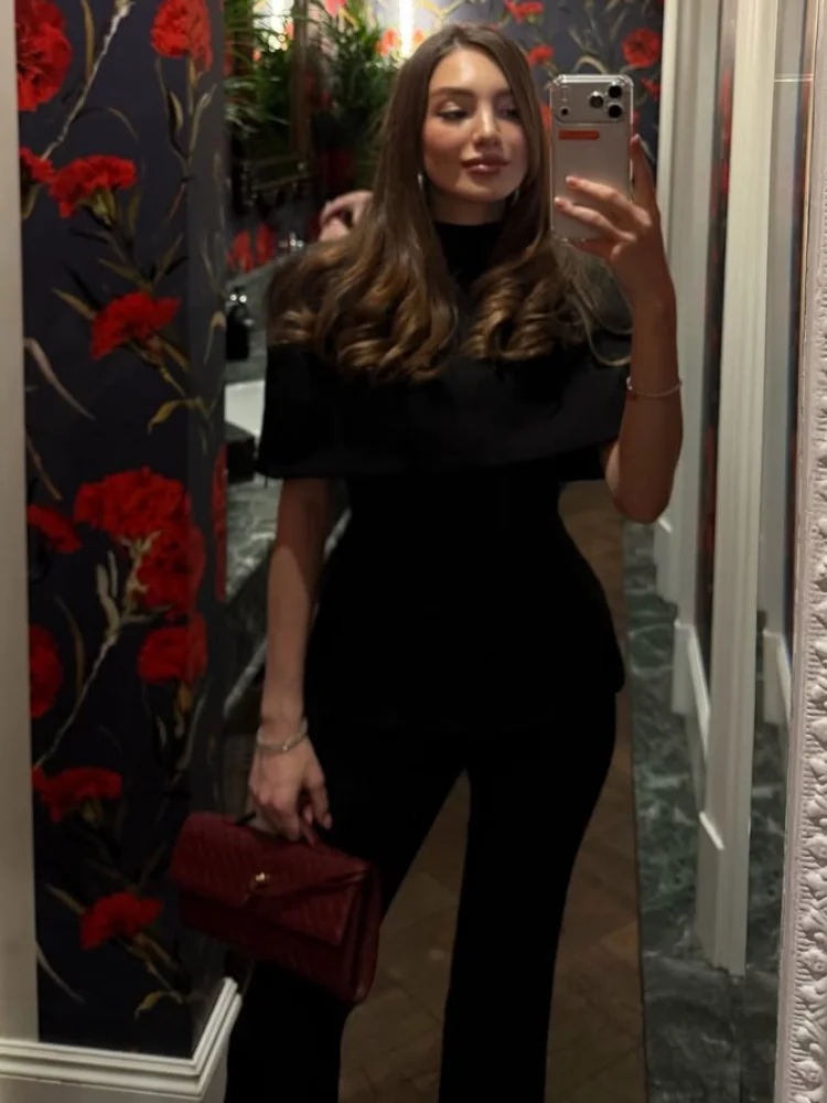 

Black Solid Turtleneck Cloak Top Elegant Women Short Sleeve Waist Cinching A-line Short Tops 2026 Lady Spring Autumn Street Wear