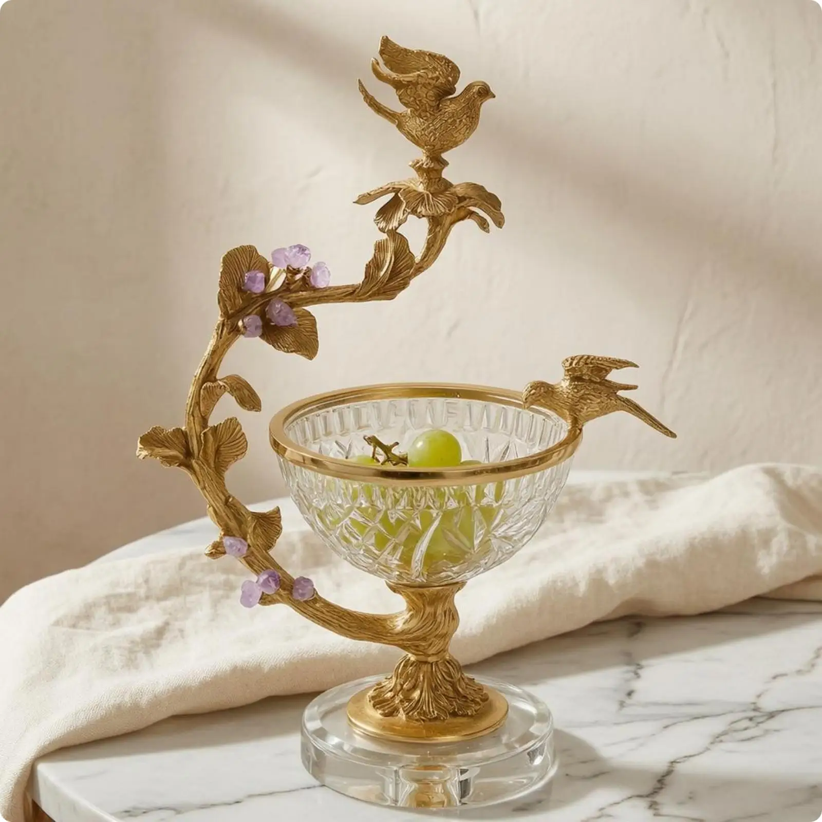 Crystal Fruit Basket Bird and Vine and Bird Motif Ornate Crystal Basket Faceted