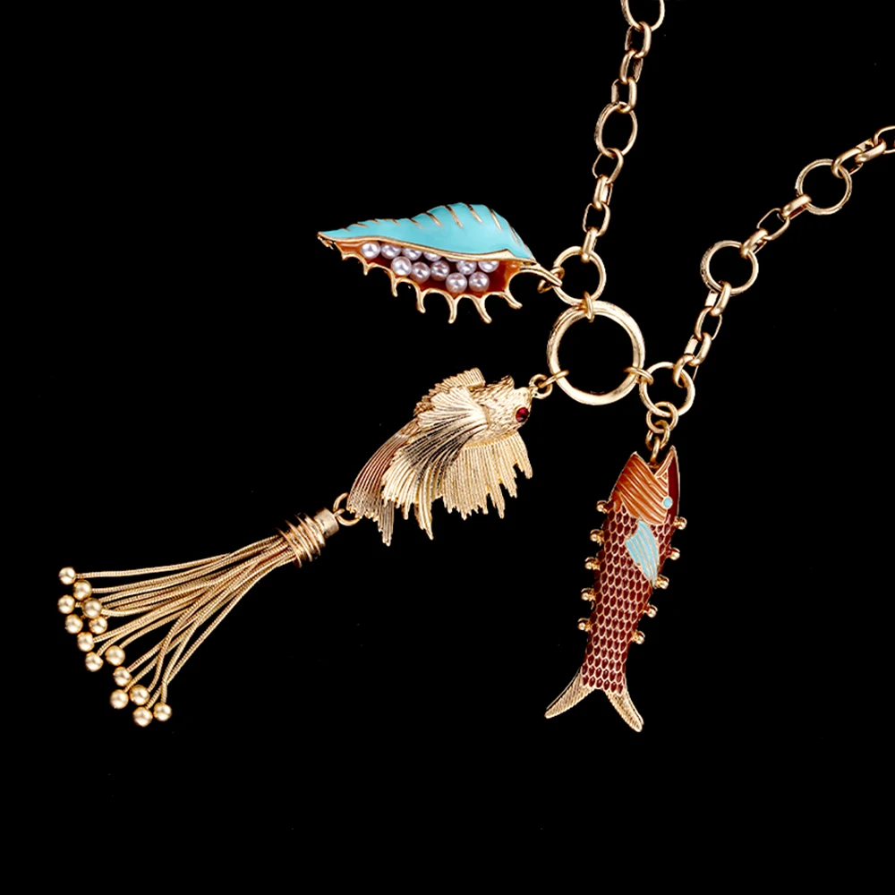 Wholesale-5 sets Mermaid enamel Bohemian Gold Fish Pendants Accessories Choker sea life Necklace Jewelry Trend 2024