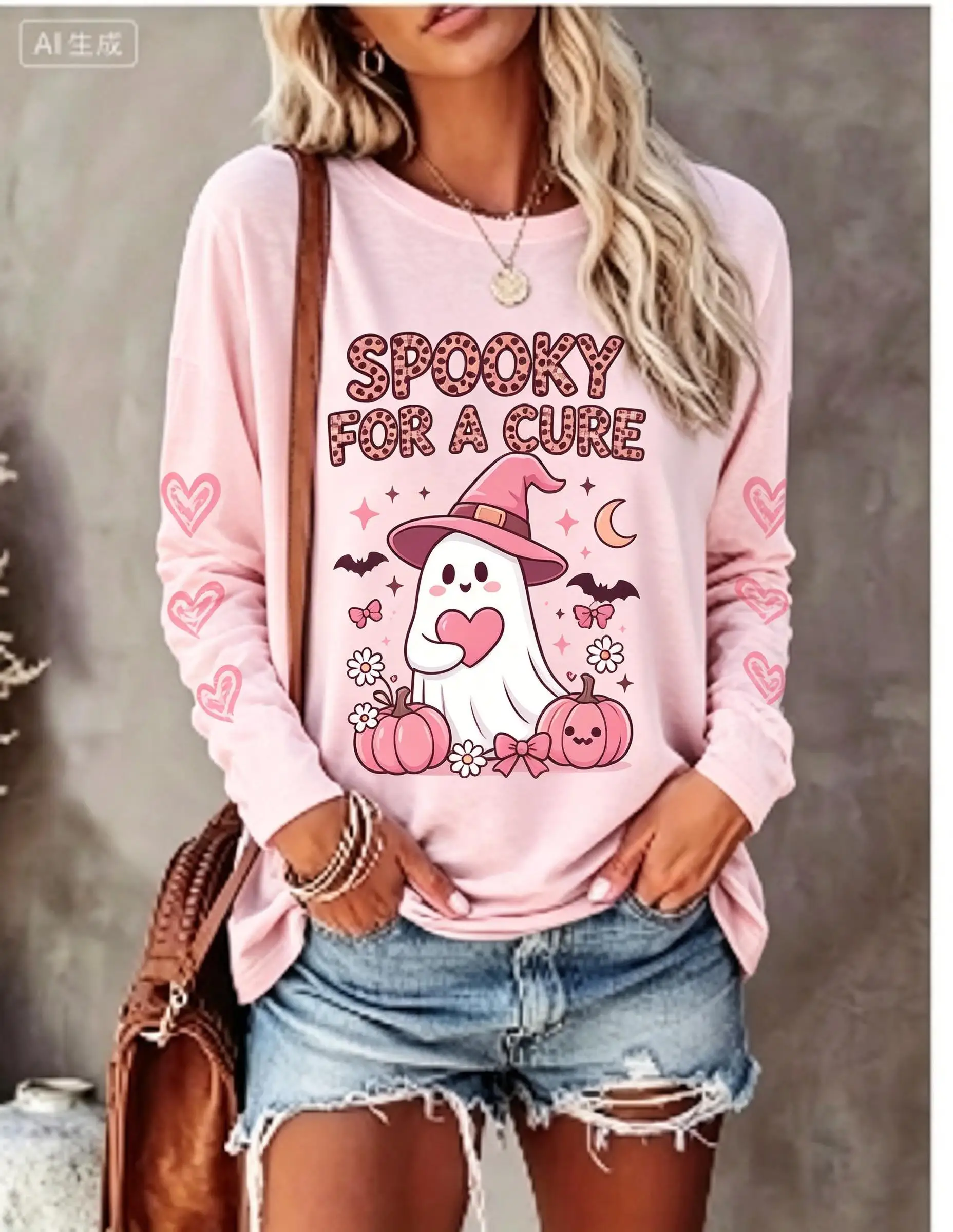 Women Halloween Long Sleeve T‑Shirt Spooky Ghost Witch Hat Pumpkin Heart Moon Print Crew Neck Tops