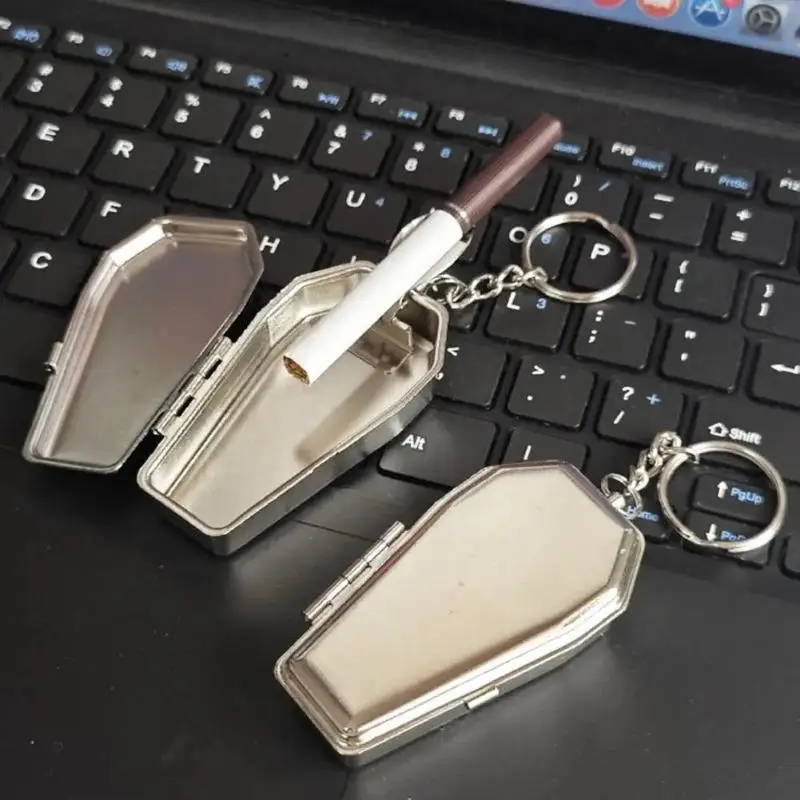 1Pc Mini Casket Ashtray with Keychain Windproof Metal Portable Coffin Car Keychain Ash Organizer for Camping