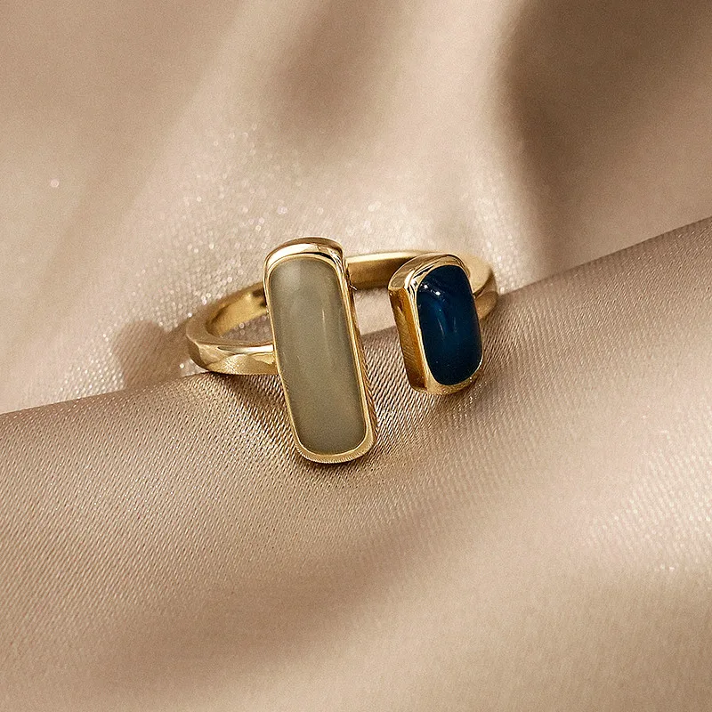 korean luxury Ring Stone Baguette Cut Europe Style Fine Jewerly For Women 2024 Brand New Gift oil drip blue ring For Women