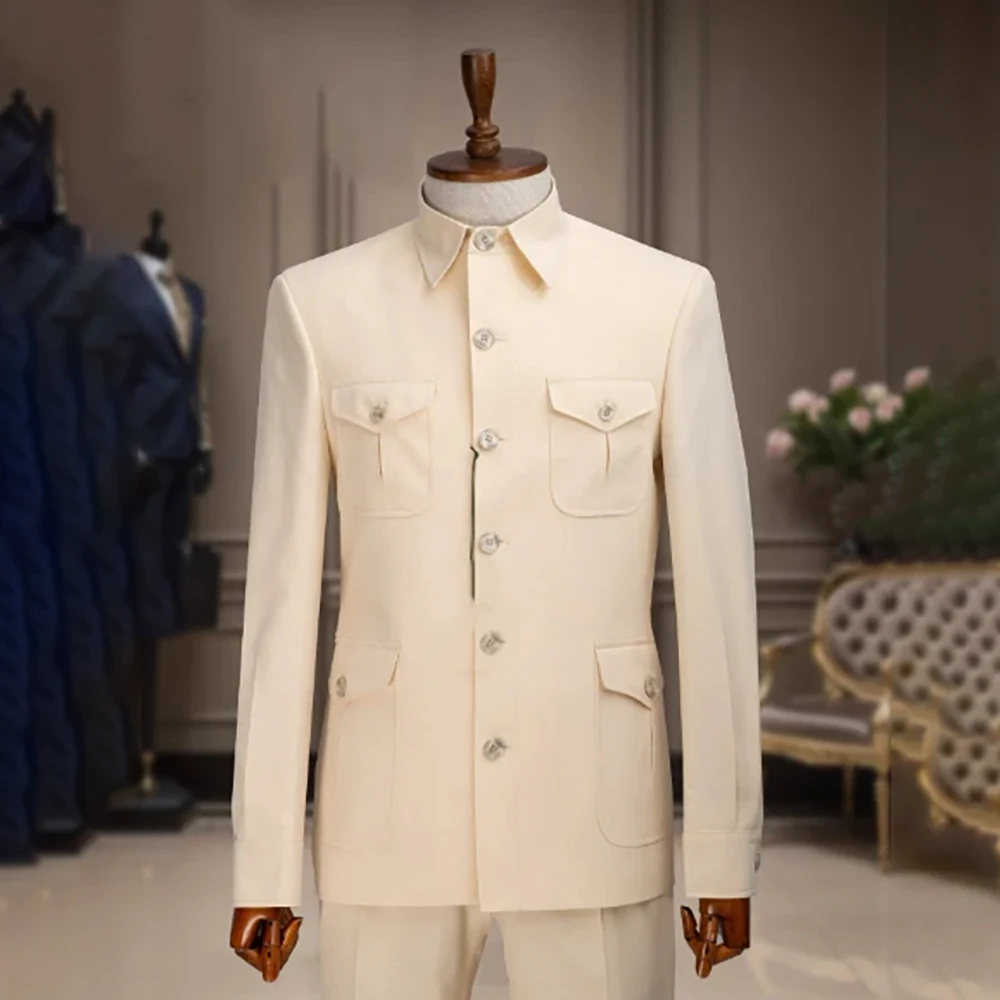 

Модные мужские костюмы, элегантные однобортные костюмы с лацканами-стойкой, приталенный комплект из двух предметов, куртка и брюки, мужская одежда на заказ, свадебные наряды