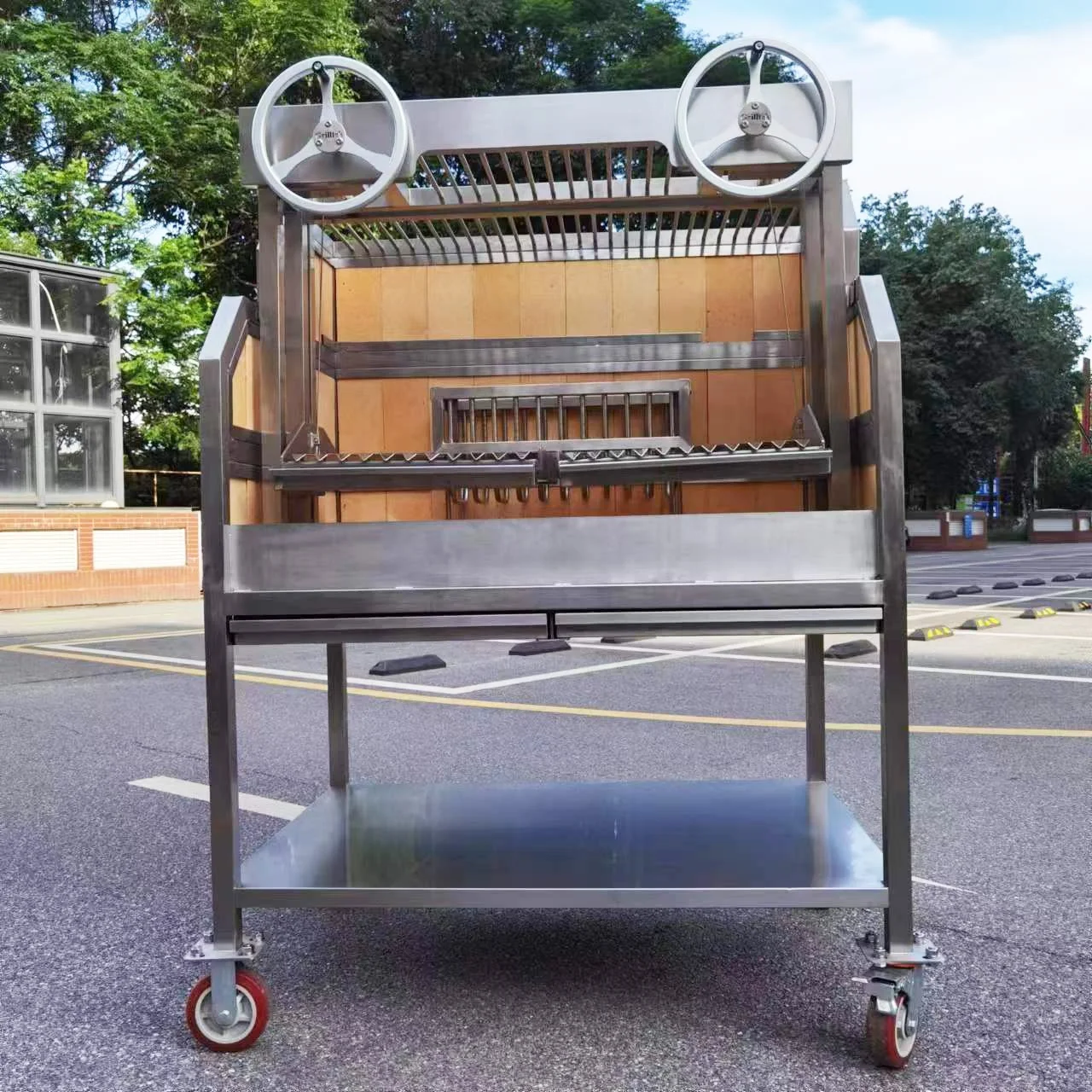 Luxury Commercial Dual Wheel Wood Charcoal Adjustable Height Asado / Santa Maria / Argentine Grill GK1230DWP