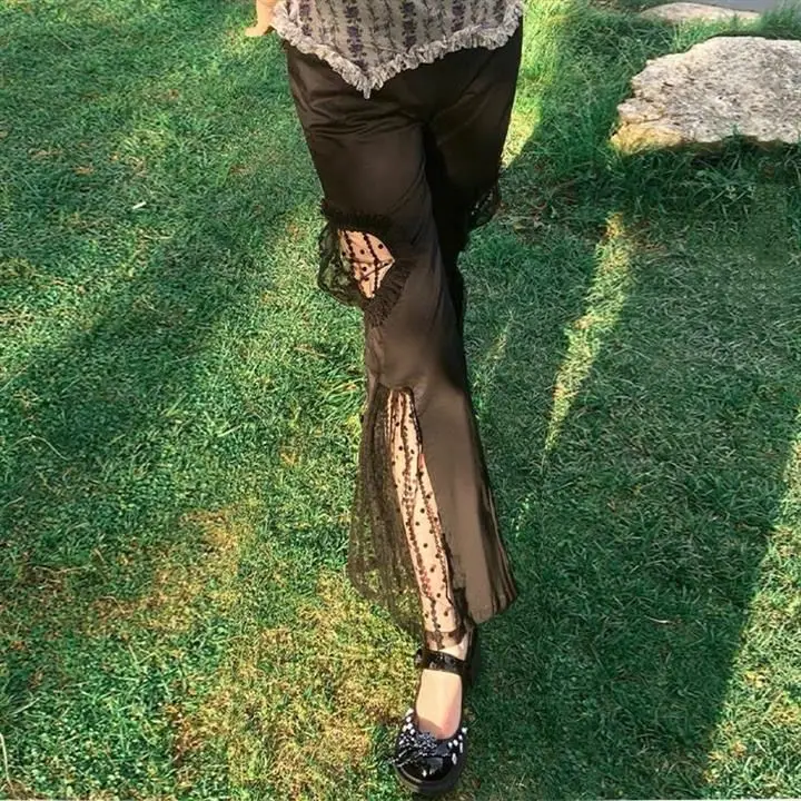 High Waisted Flared Casual Pants Women Spring Summer New Lace Hollow Out Design Wide Leg Pants