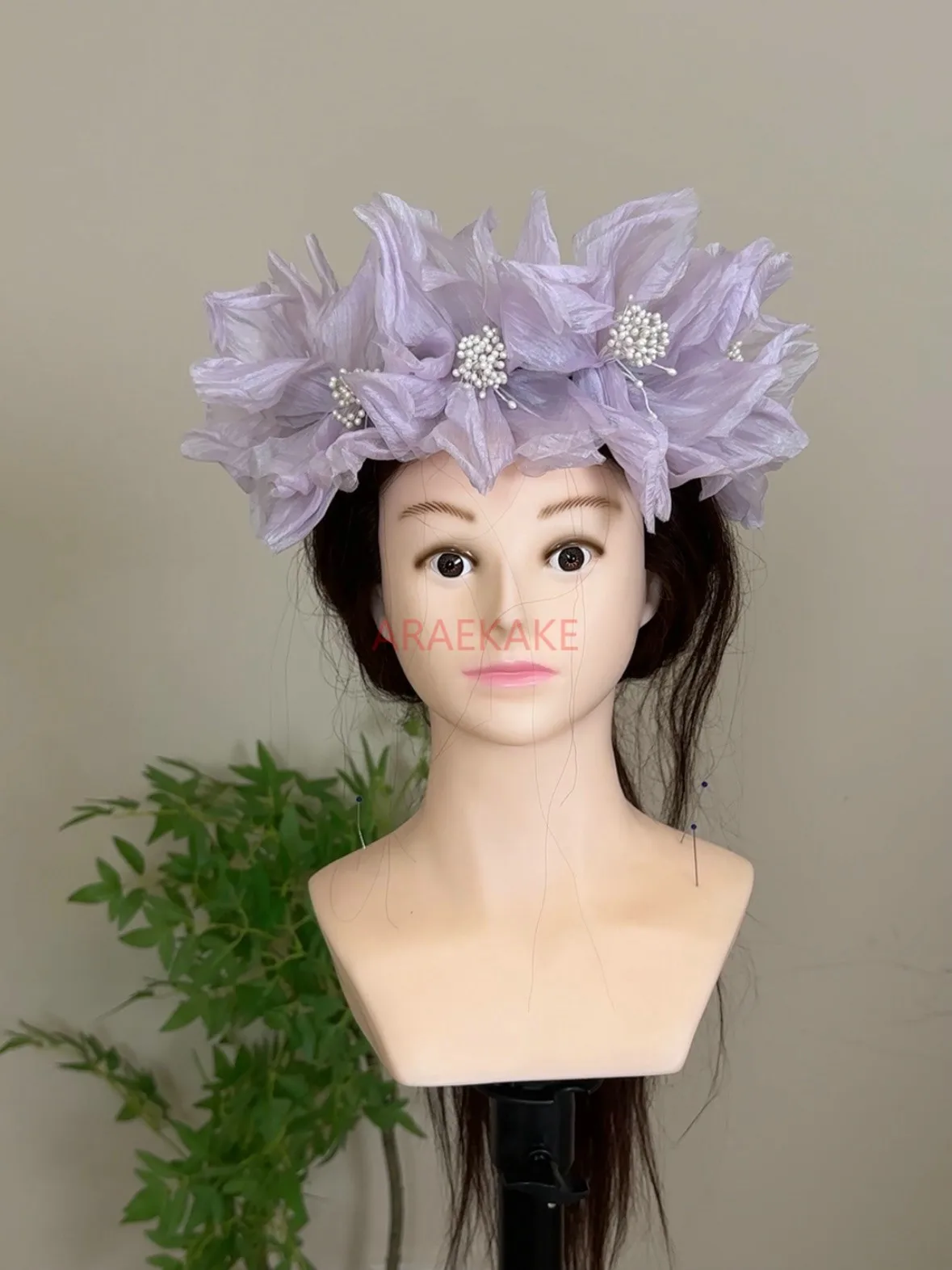 Purple handmade flower garland, floral veil, bridal accessory sample shooting, outdoor styling