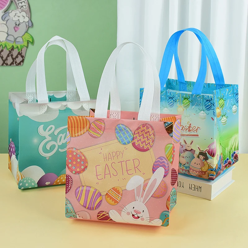 1PC Easter Non-Woven Tote Bag Easter Themed Shopping Bag Easter Basket Sustainable Reusable Bags Colorful Design