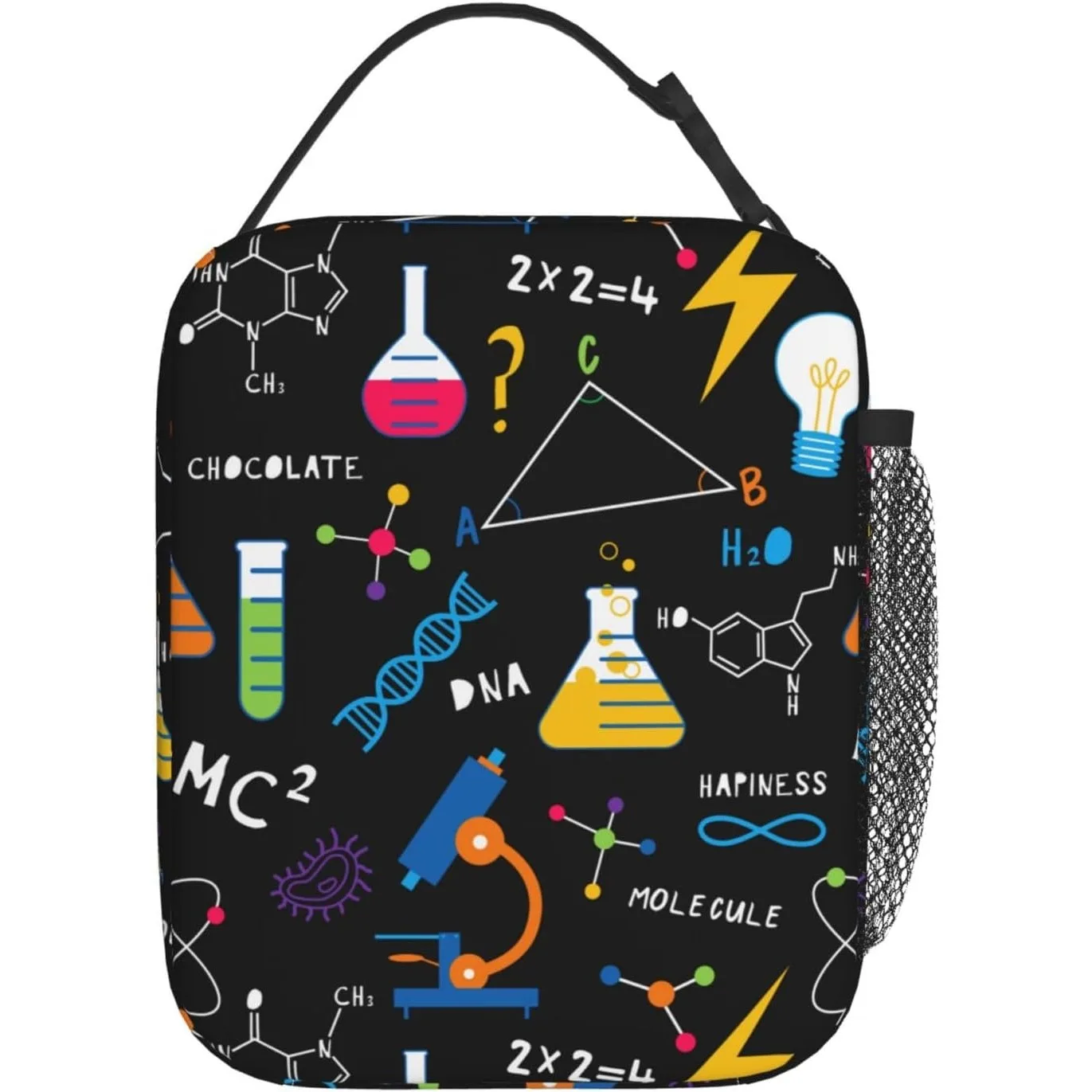 Science Chemistry Biology Physics Pattern Reusable Lunch Box Food Bag Insulated Lunch Bag for Teenage Boys Girls School Beach