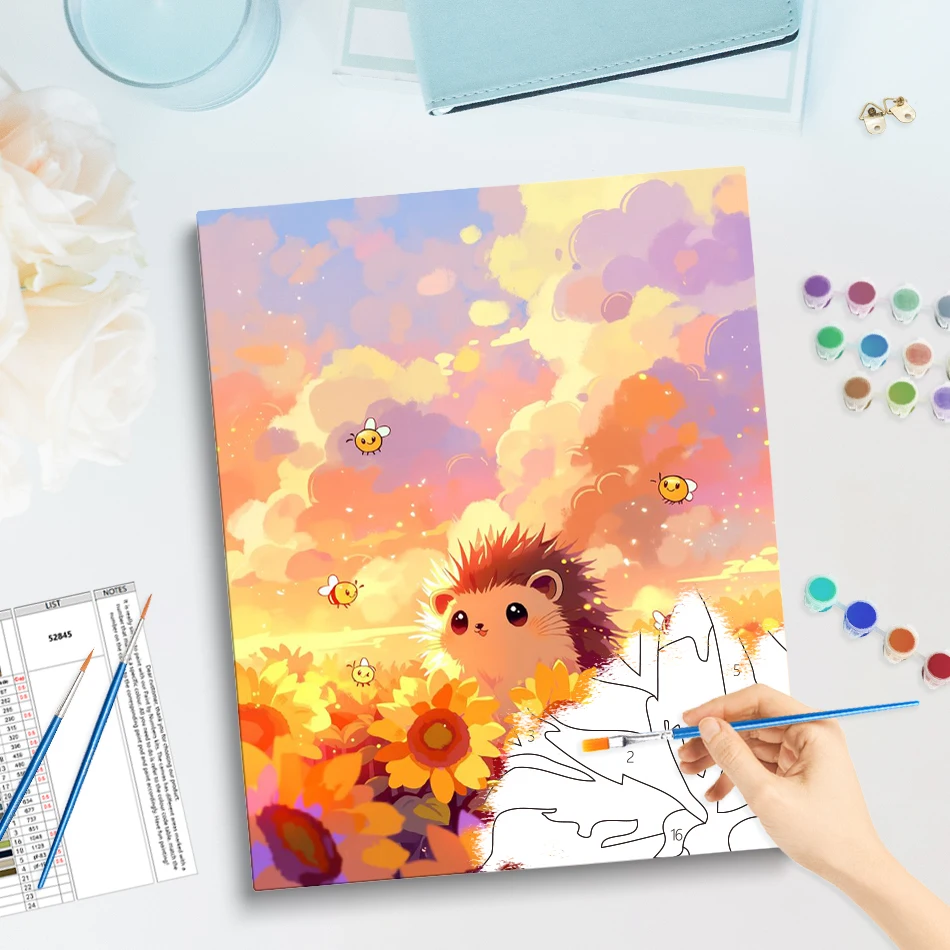 GATYZTORY Diy Painting By Numbers Handpainted Drawing Brushes Set Sunflower hedgehog Painting Decor Paintings To Paint Canvas