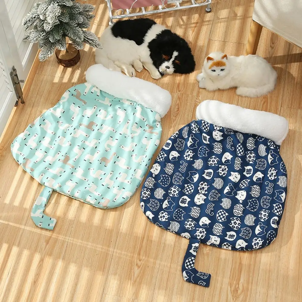 Cartoon Cat Sleeping Bag Semi-closed Soft Pet Pocket Quilt Bed Comfortable Lamb Wool Warm Cat Nest for Puppy Cats Rabbits