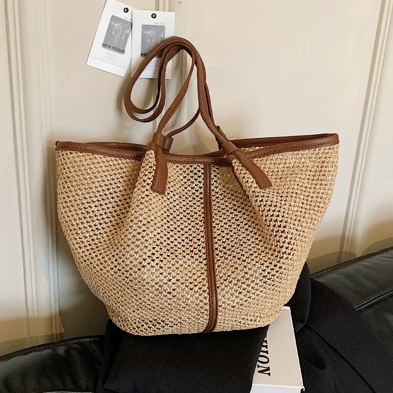 

Large Capacity Straw Tote Bag With Matching Pouch Women Casual Woven Shoulder Bag Retro Summer Basket Handbag Boho Beach Bag