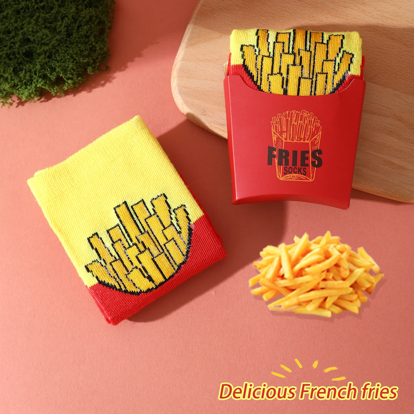 1 pair edgy graphic french fries print unisex mid calf socks daily street look xmas halloween holiday gift ornament