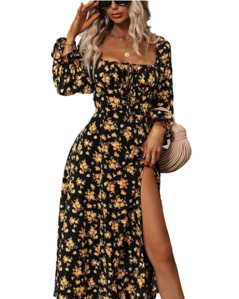 Spring Autumn Floral Long Dress Square Neck Printed Long Sleeve Bell Sleeve Slit Drawstring Dress Women\'s  Fashion Elegant Style