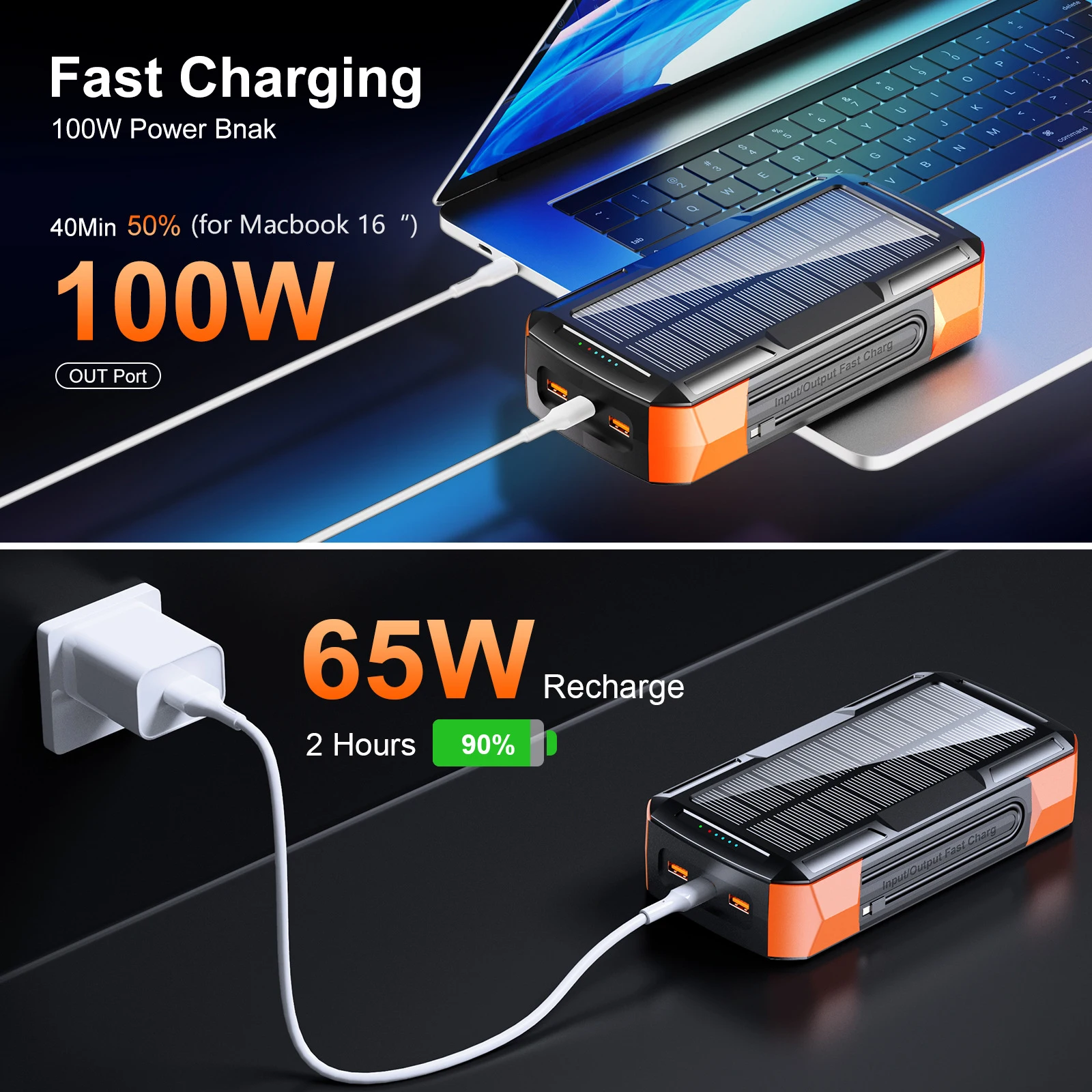 Obrázek 7: Solární energie banka 73200mah ruka kliková nabíjení s kabel 100aw rychle nabít pro notebook notebook externí baterie pro iPhone Xiaomi
