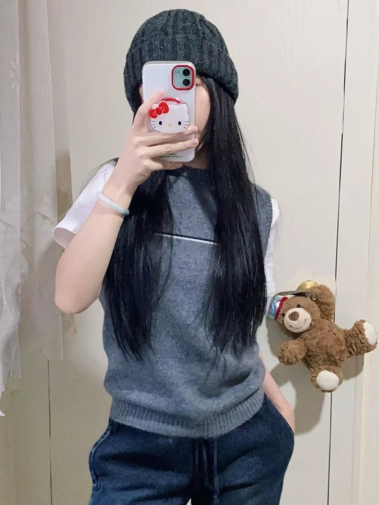 

Женский осенний вязаный жилет Color Blo Round Ne Svel Commute Versatile в американском стиле, утягивающий, многослойный топ