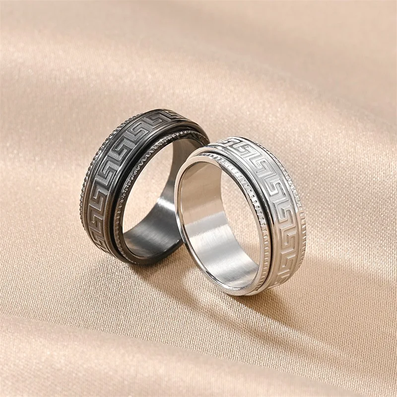 8mm Stainless Steel Ring for Men Women Embossed Great Wall Pattern Stress Relief Anti-Anxiety Rotating Rings Couple Ring Jewelry