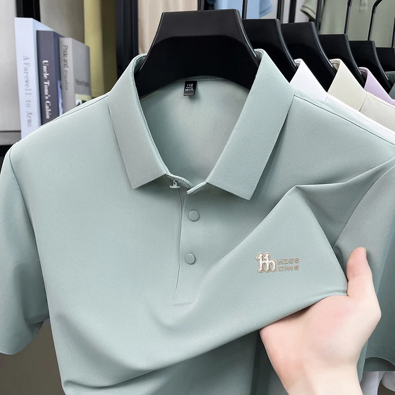 High End Brand Summer 2026 Thin Ice Silk Short Sleeved T-shirt with A Cool Collar Casual Half Sleeved Elastic T-shirt Polo Shirt
