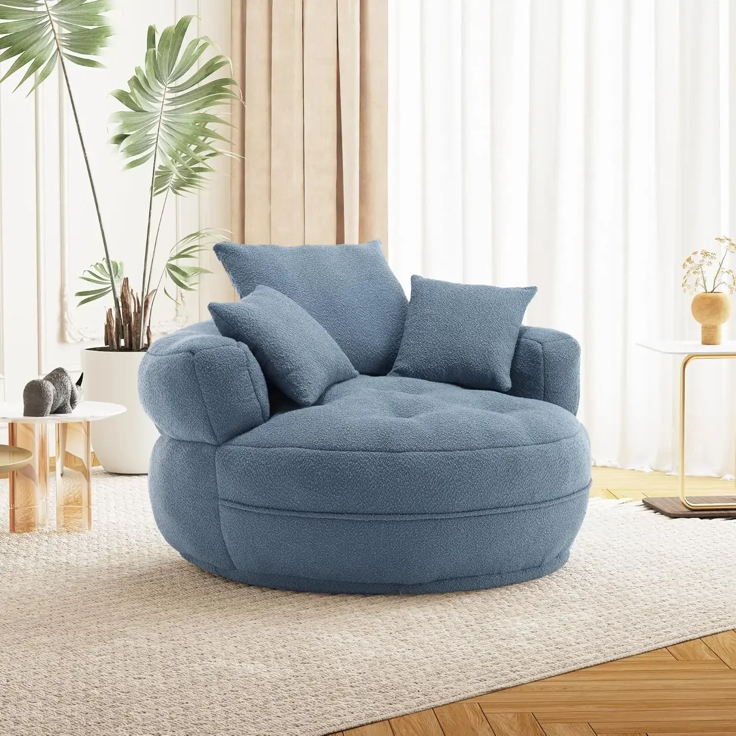 Modern Round Extra Large Barrel Chair with 3 Pillows, Comfortable Lounge Armchair Without Swivel Base Lounge Sofa Chair for Livi