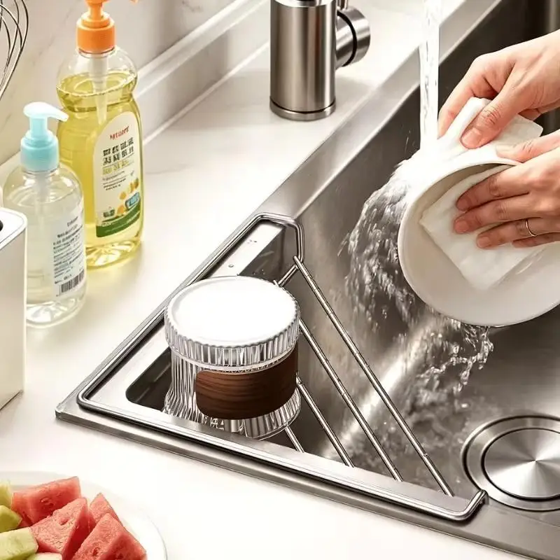 Waterproof Sink Drain Rack 201 Stainless Steel Rustproof Triangle Kitchen Storage Organizer for Dish Drying Sponge