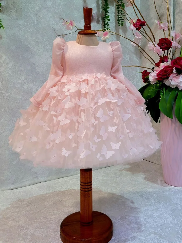 

Pink Tulle Flower Girl Dress For Wedding Full Sleeves With Bow Puffy Kids Birthday First Communion Princess Ball Gowns