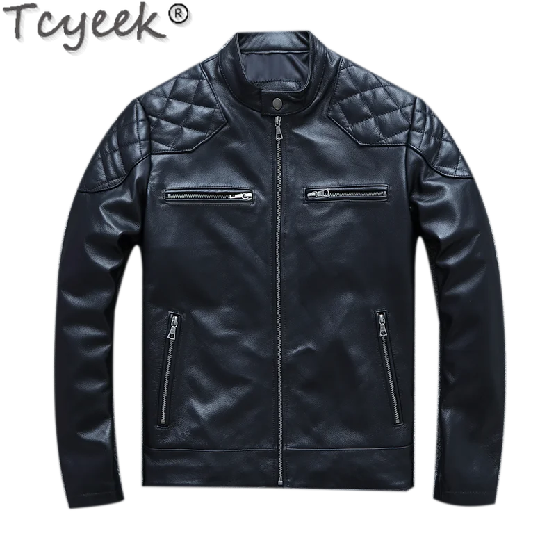 

Tcyeek Cowhide Genuine Leather Jacket Men Clothing Trendy Motorcycle Men's Jacket Vintage Black Short Coats Jaqueta Masculina