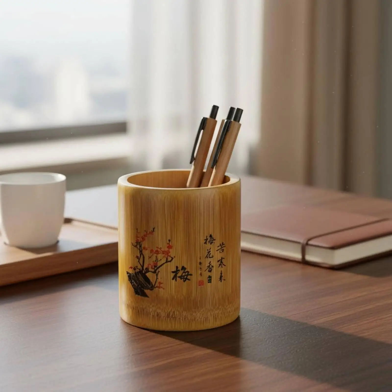 Bamboo Pen Holder Round Carved Desktop Organizer Multi-use Container for Aesthetic Pens and Brushes