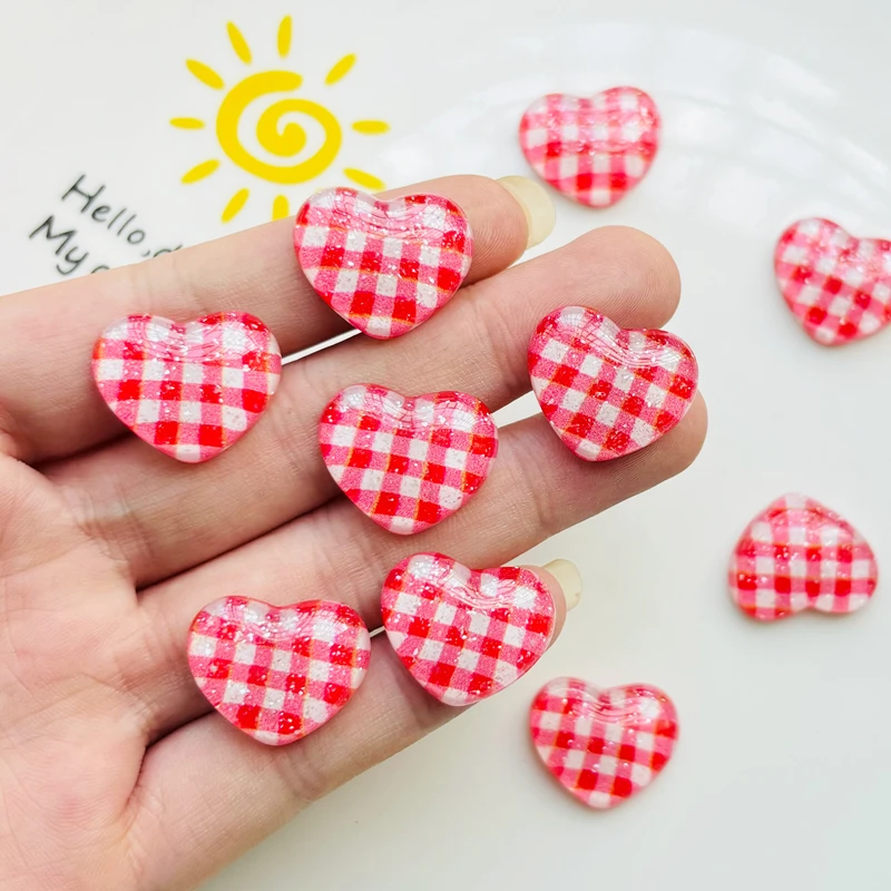 10 pieces of resin cartoon red checkered peach heart used for hair accessories and jewelry making, scrapbooks and crafts L143