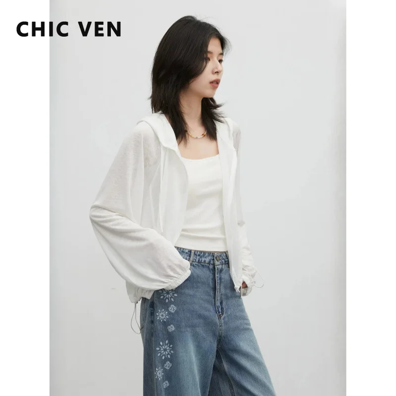 CHIC VEN Korean New Women Cardigan Loose Casual  Micro Transparent Cool Sunscreen Hooded Office Ladies Tops Knitwear Summer 2026