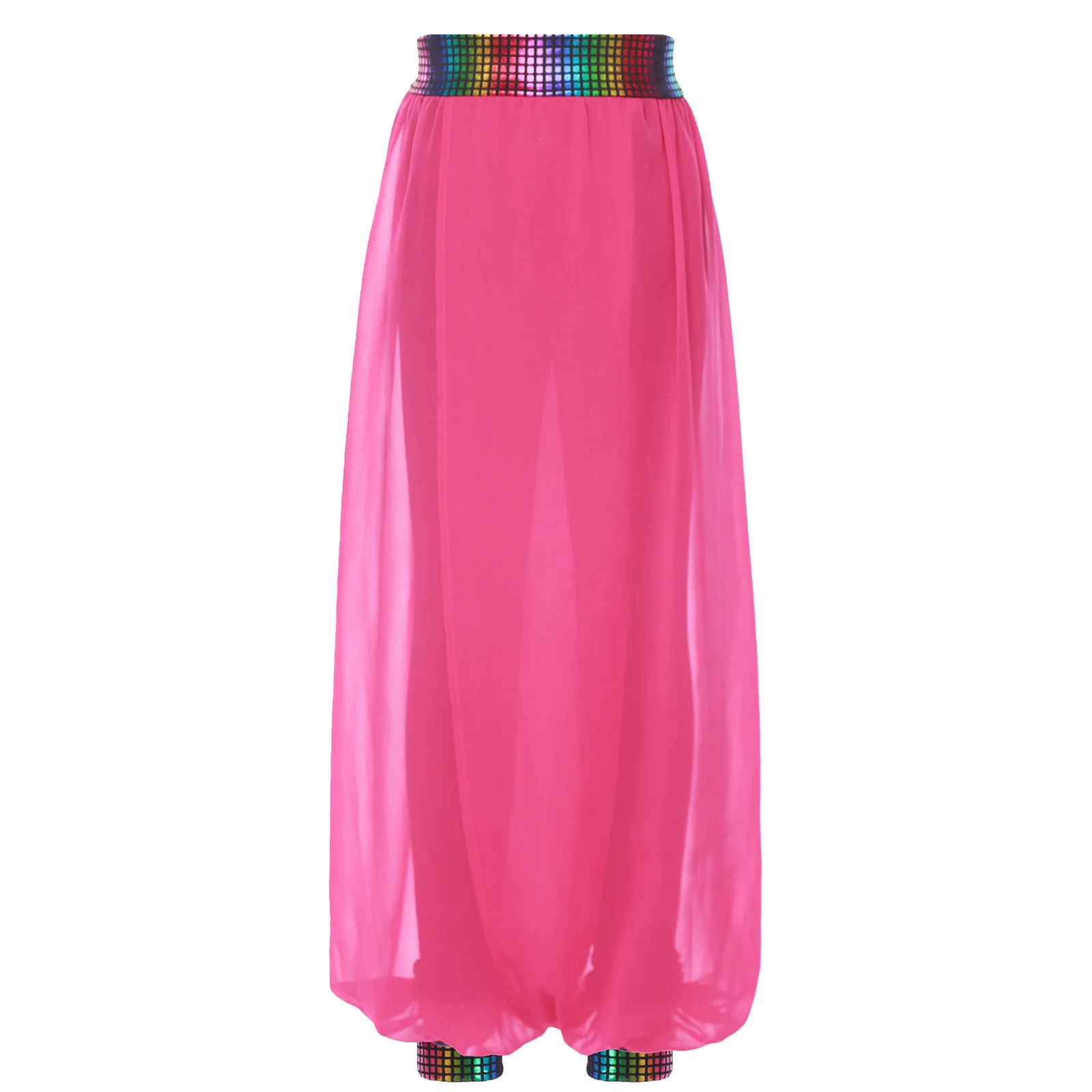 Pantaloni da danza del ventre per ragazze per bambini Pantaloni in chiffon con elastico in vita metallizzato per la competizione di cheerleader di danza jazz per feste di carnevale
