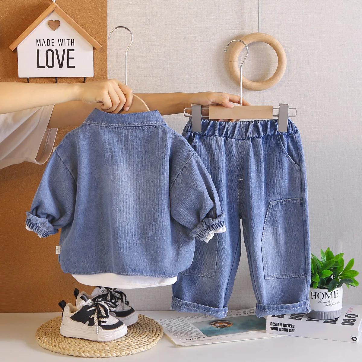 Children's Clothing Boys Spring Autumn Outfit 2026 Cute Cartoon Denim Coat + White T-shirts + Pants Three Piece Set Kids Clothes