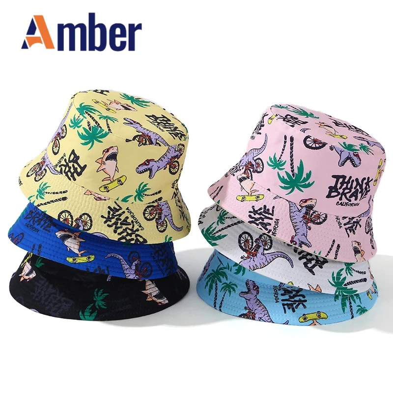 

Amber Cartoon Children Bucket Hat Boys Girls Kids Fisherman Hats Dinosaur Shark Pattern Panama Cap Double Sides Summer Outdoor