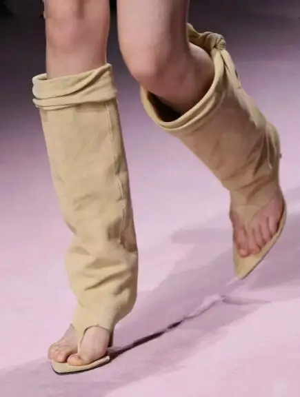 

Apricot Black Brown Suede Leather Pointed Clip Toe Thong Boots Summer Woman High Heel Tube Slip On Knee High Sandals Boots Shoes