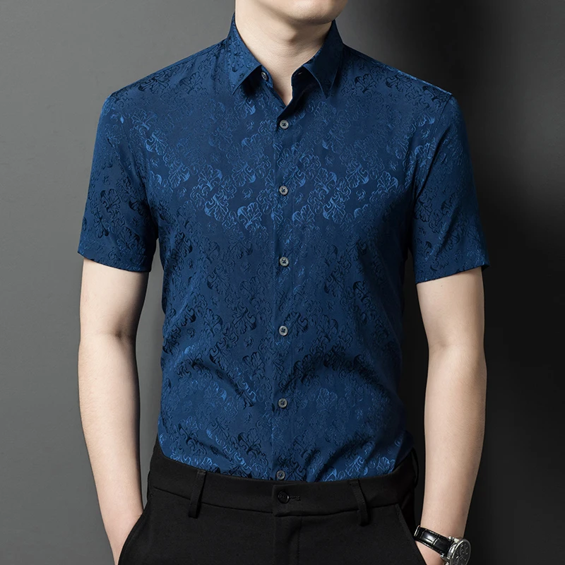 

Mulberry Silk Dress Men Shirt Floral Jacquard Short Sleeved Cool Summer Quality Soft Comfortable Skin-Friendly Camisas De Hombre