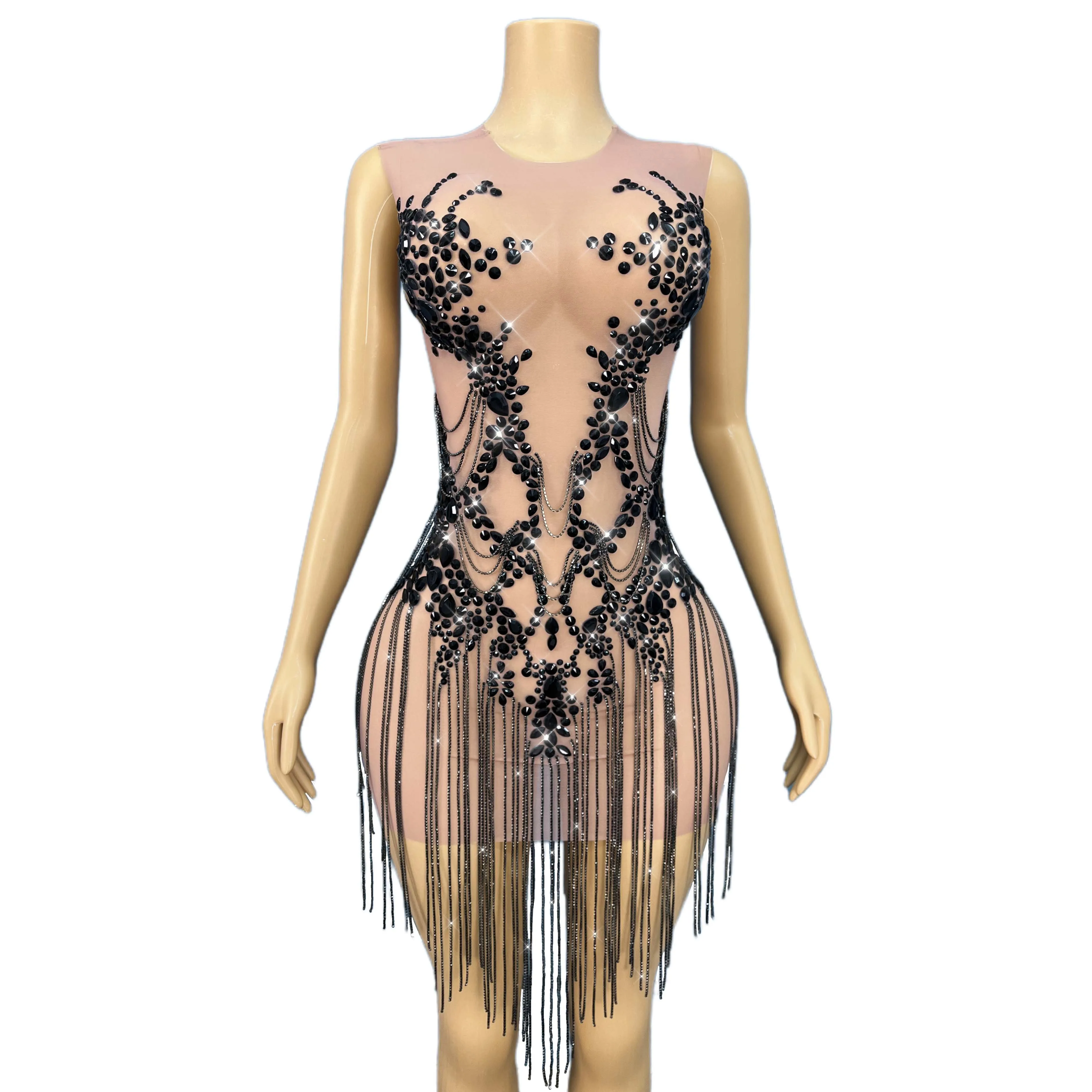 

Elegant Perform Costume Shining Crystals Chains Sexy Nude Mesh Dress Women Birthday Celebrate Evening Show FashionOutfit Zuanhua