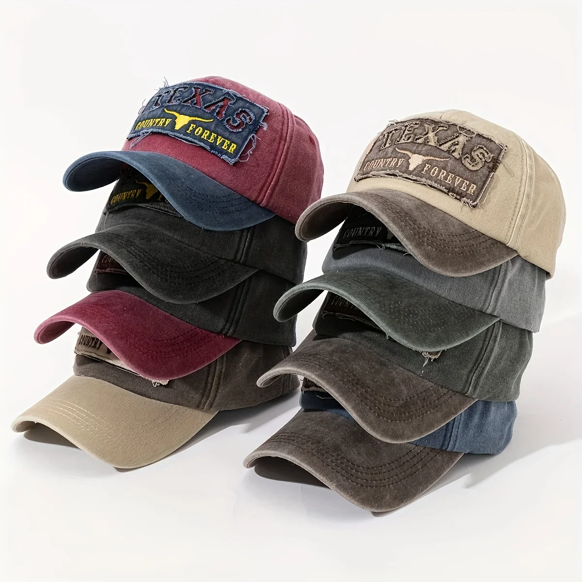 Texas Hollow 3D Patch Washed Baseball Cap Flared Flat Embroidery Two Tone Rock Style Gift For Husband Colleague Friend
