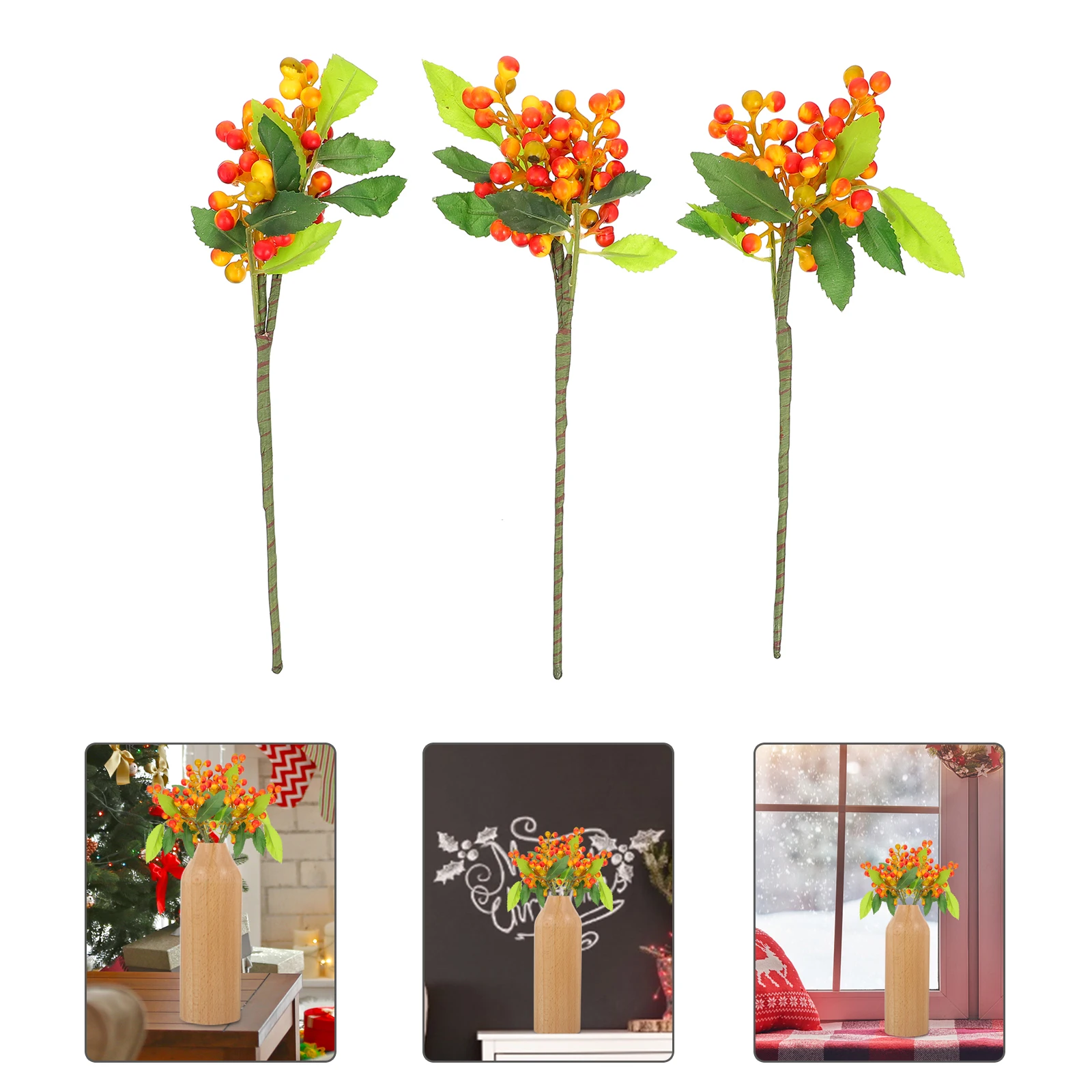

3 Pcs Artificial Berries Christmas Decor Simulation Branches Festive Garland Flower Basket Wedding Car Bouquet