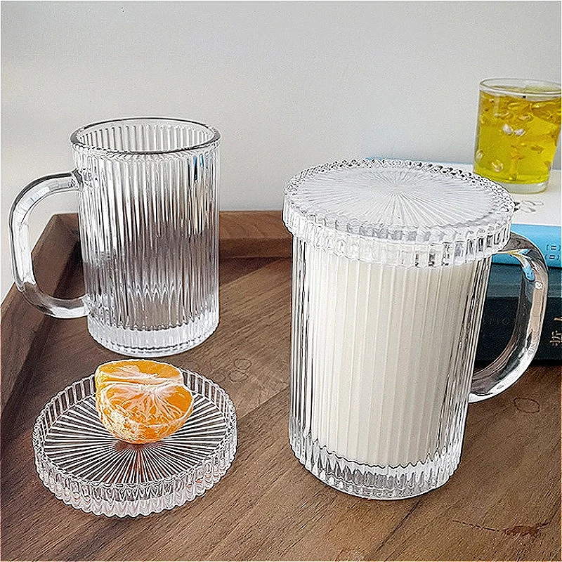 

2pcs Sets Striped Water Mug with Handle Latte Coffee Cup 330ml/380ml Heat-resistant Tea Mug with Lid Household Juice Milk Cups