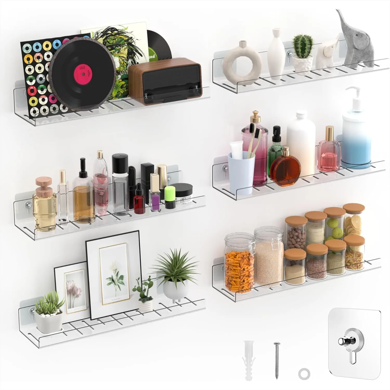 

6 Pack Clear Acrylic Floating Shelves Wall Mounted Non-Drilling Adhesive Shelves For Bathroom Kitchen Living Room Decor