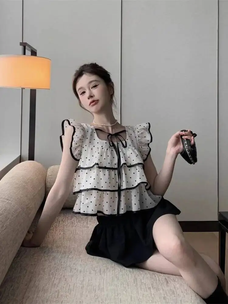 Ezgaga Sweet Shirts Women Polka Dot Lace Up Flying Sleeve Square Collar Crop Tops Slim Elegant Blouse Female Summer Casual