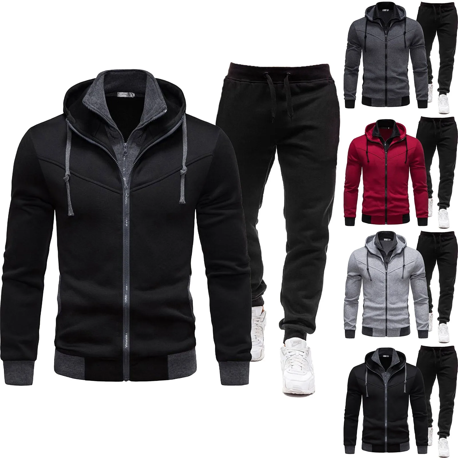 2024 Men\'s Casual Hoodies Tracksuit Set Long Sleeve Full Zip Hoodies And Sweatpants Set Running Jogging Fake Two Piece Hoodies